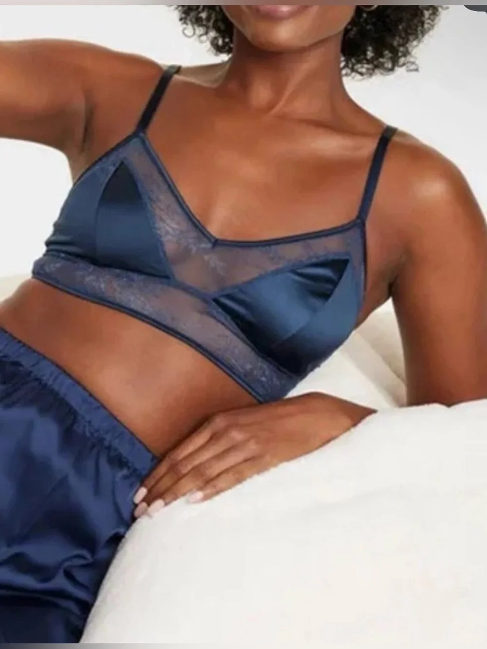Auden Satin & Lace Unlined Bralette Navy Blue NWT